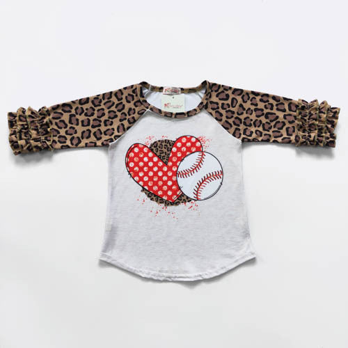 Love Basesball Leopard Ruffle Sleeve Raglan-Girls