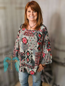 Nashville Charcoal & Red Bell Sleeve Top