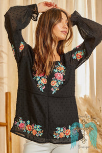 Swiss Dot Blouse with Embroidered Accents - Black