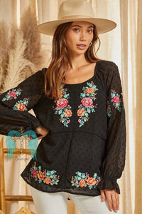 Swiss Dot Blouse with Embroidered Accents - Black