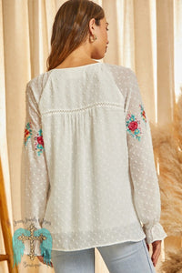 Swiss Dot Blouse with Embroidered Accents - Ivory