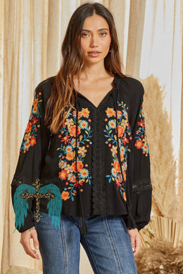 Black Floral Embroidered Tunic Blouse