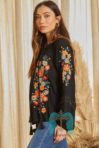 Black Floral Embroidered Tunic Blouse