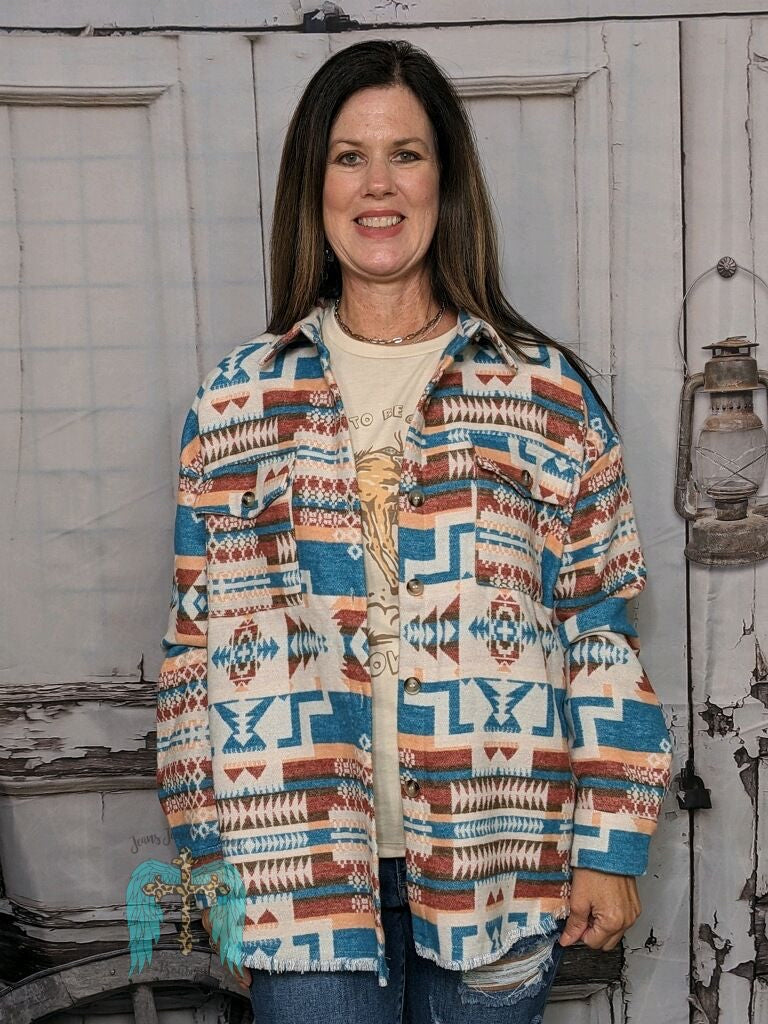 Teal Aztec Western Shacket