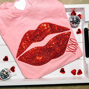 Pink Tee with Red Sequin Lips