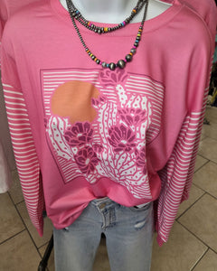 Pink And White Floral And Cactus Longsleeved Top