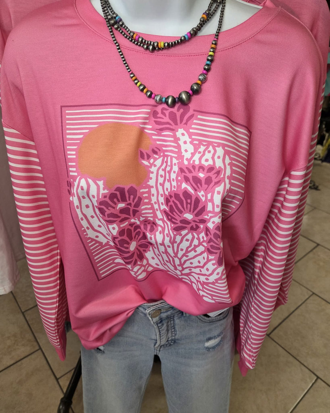 Pink And White Floral And Cactus Longsleeved Top