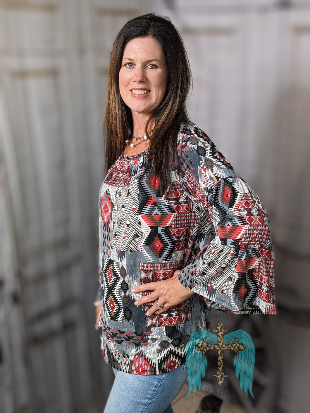 Nashville Charcoal & Red Bell Sleeve Top