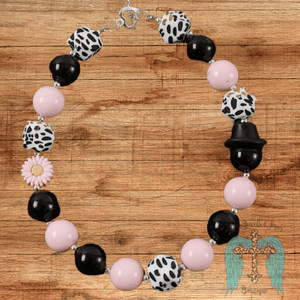 Girls Bubble Gum Necklace - Black & Pink with Side Daisy Pendant