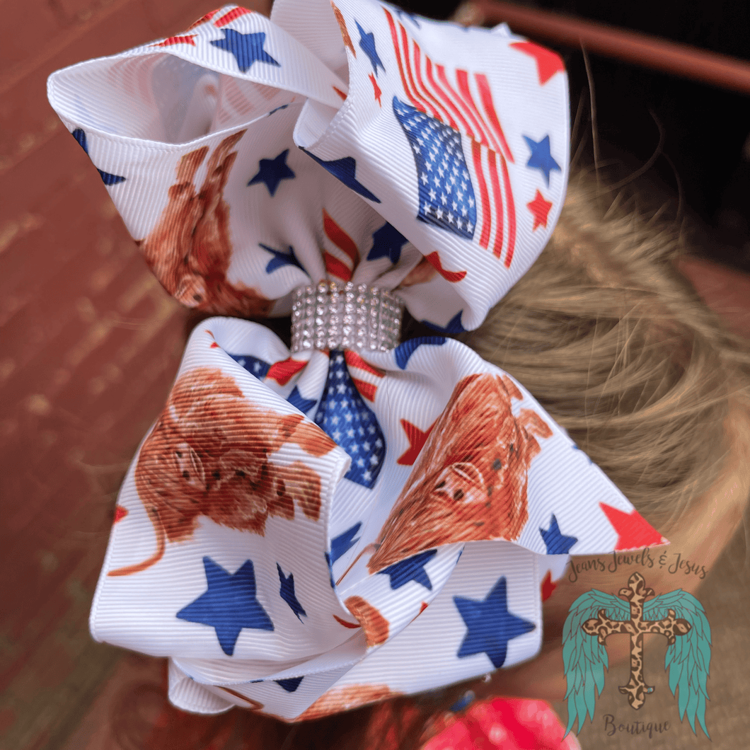 Girls Patriotic/Highland Cow Printed Double Layer Hair Bow