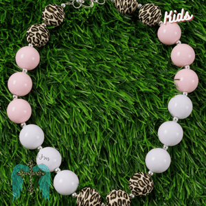 Girls Bubble Gum Necklace - Animal Print White and Pink