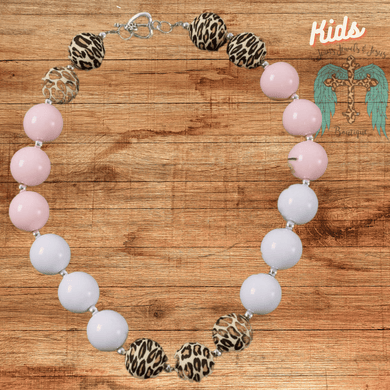 Girls Bubble Gum Necklace - Animal Print White and Pink