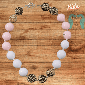 Girls Bubble Gum Necklace - Animal Print White and Pink
