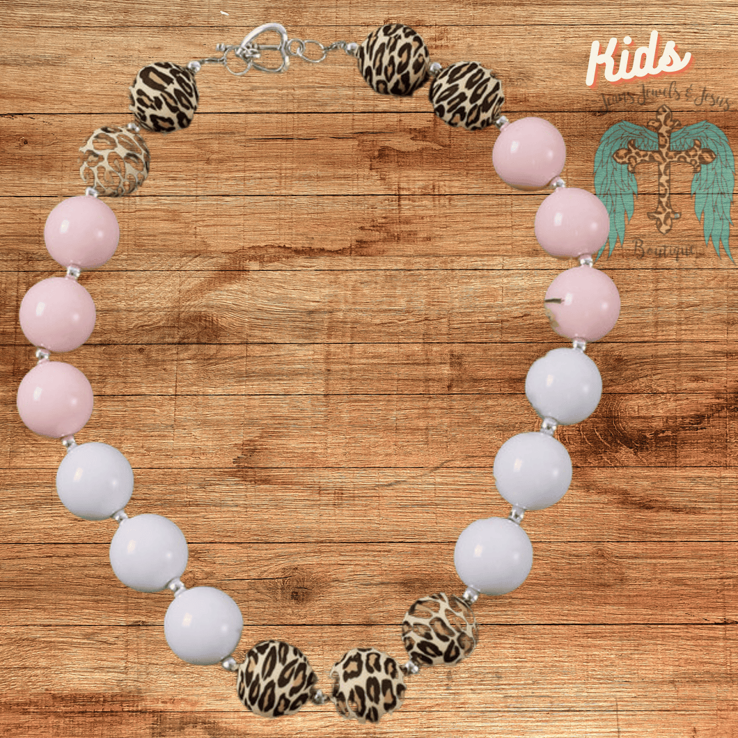 Girls Bubble Gum Necklace - Animal Print White and Pink
