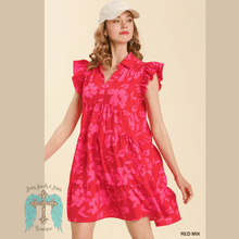 Load image into Gallery viewer, Cherry Red Summer Dress with Flamingo Pink Flowers
