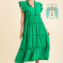 Load image into Gallery viewer, Kelly Green Cotton Gauze Tiered Dress with Ruffle Sleeve and Front Tie
