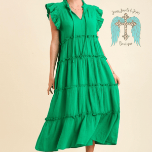 Kelly Green Cotton Gauze Tiered Dress with Ruffle Sleeve and Front Tie