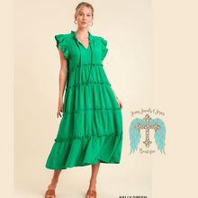 Load image into Gallery viewer, Kelly Green Cotton Gauze Tiered Dress with Ruffle Sleeve and Front Tie
