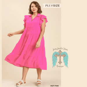 Hot Pink Collar Split Neck Short Ruffle Sleeves Tiered Midi Dress