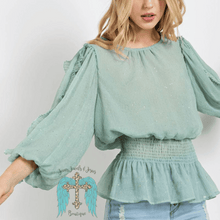 Load image into Gallery viewer, Sage Blue Crinkle Chiffon Holiday Peplum Top
