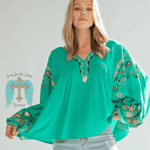 Kelly Green Poly Dobby Embroidered Top