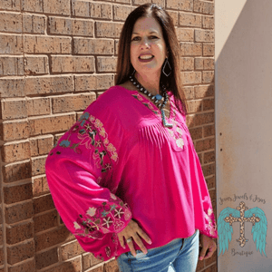 Fuchsia Poly Dobby Embroidered Top