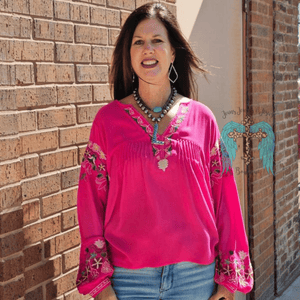 Fuchsia Poly Dobby Embroidered Top