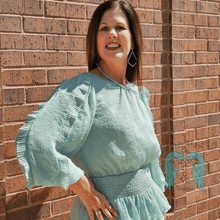 Load image into Gallery viewer, Sage Blue Crinkle Chiffon Holiday Peplum Top
