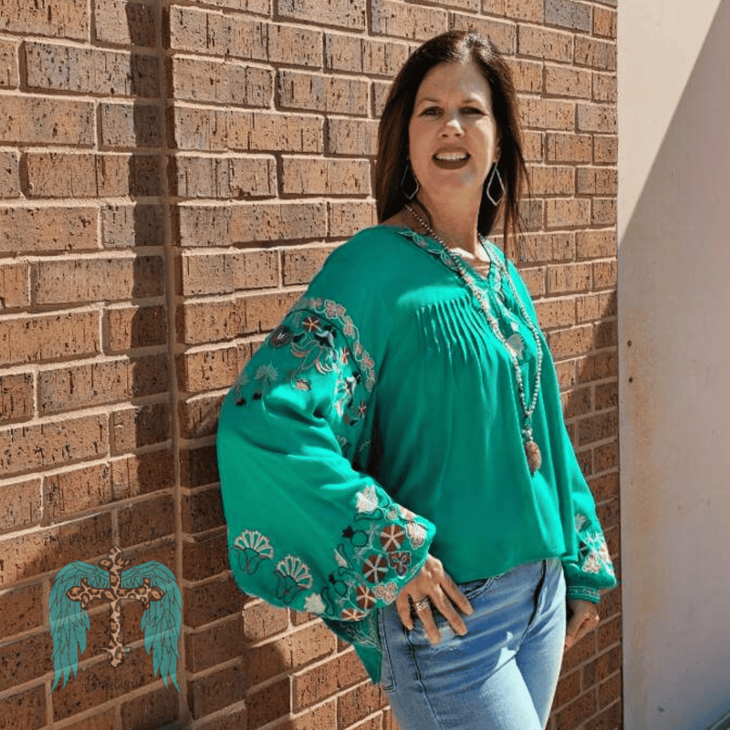 Kelly Green Poly Dobby Embroidered Top