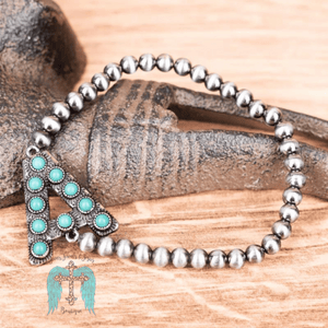 Turquoise Beaded Initial Silver Pearl Bracelet - 15 Letters