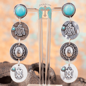 Turquoise Tiered Thunderbird Trail Silvertone Earrings