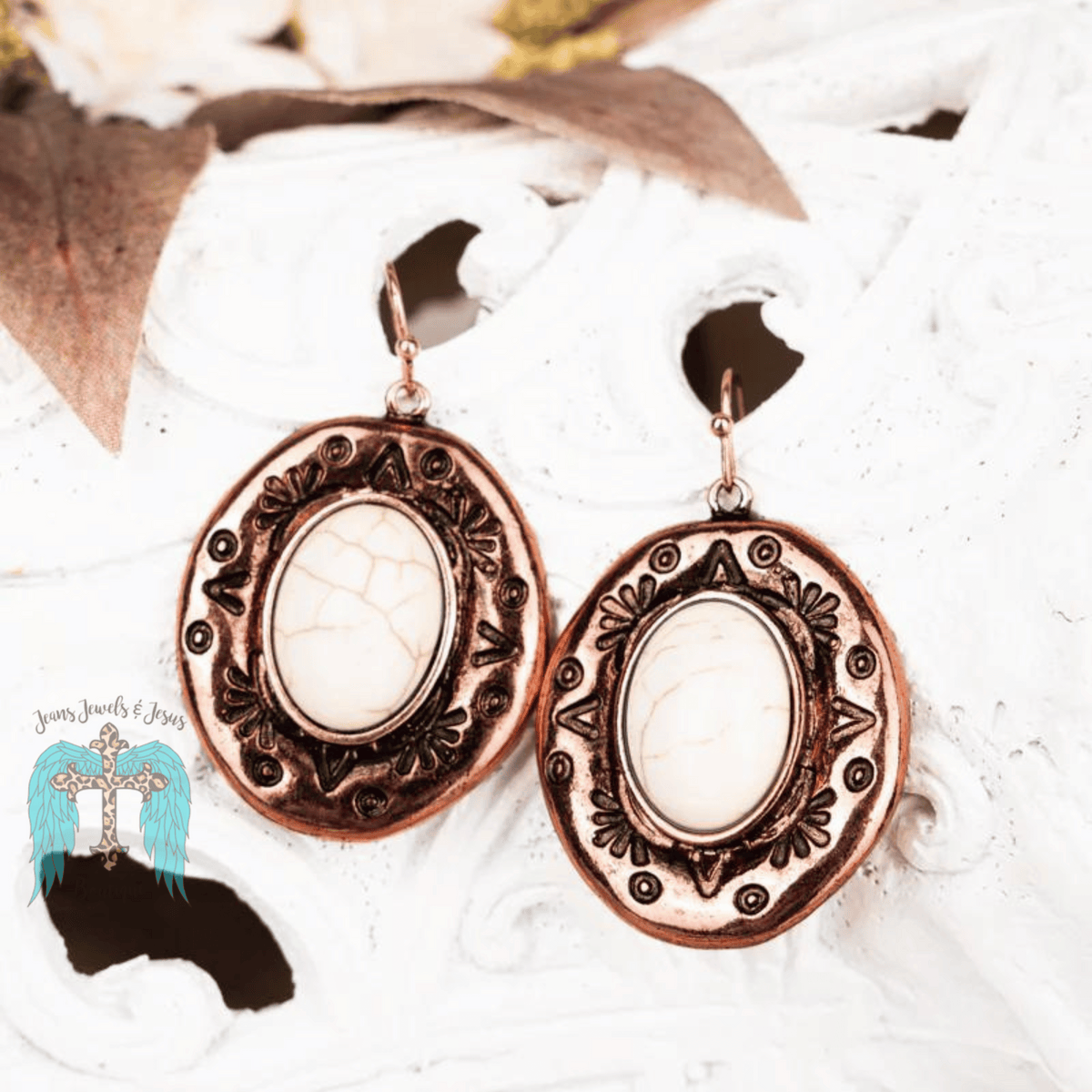 White Montera Coppertone Earrings Jeans Jewels and Jesus Boutique