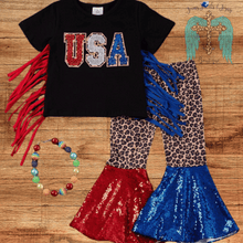 Load image into Gallery viewer, Girls Set USA Fringe Top with Sequin Bell Bottoms
