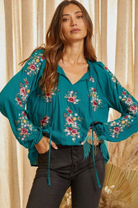 Teal Floral Embroidered Top