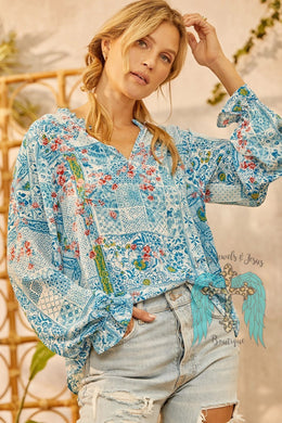 Ocean Blue Patchwork Print Blouse