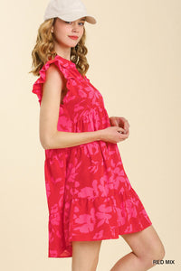 Cherry Red Summer Dress with Flamingo Pink Flowers