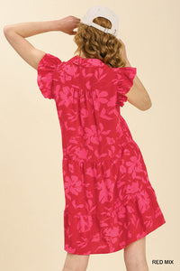 Cherry Red Summer Dress with Flamingo Pink Flowers