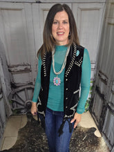 Load image into Gallery viewer, Black Fringe Studded Vest with Turq Stone Concho - Jeans Jewels and Jesus Boutique
