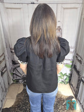 Load image into Gallery viewer, Black V-Neck Blouse With Leopard Trim - Jeans Jewels and Jesus Boutique
