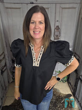 Load image into Gallery viewer, Black V-Neck Blouse With Leopard Trim - Jeans Jewels and Jesus Boutique
