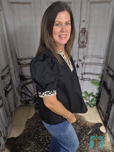 Load image into Gallery viewer, Black V-Neck Blouse With Leopard Trim - Jeans Jewels and Jesus Boutique
