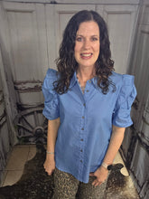 Load image into Gallery viewer, Button Down Ruffled Short Sleeve Chambray Blouse - Jeans Jewels and Jesus Boutique
