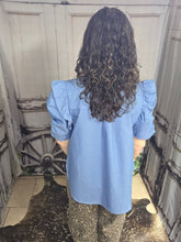 Load image into Gallery viewer, Button Down Ruffled Short Sleeve Chambray Blouse - Jeans Jewels and Jesus Boutique
