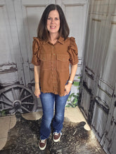 Load image into Gallery viewer, Button Up Top With Ruffled Sleeve-Copper - Jeans Jewels and Jesus Boutique
