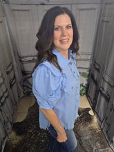Load image into Gallery viewer, Button Up Top With Ruffled Sleeve-Light Denim - Jeans Jewels and Jesus Boutique
