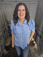 Load image into Gallery viewer, Button Up Top With Ruffled Sleeve-Light Denim - Jeans Jewels and Jesus Boutique
