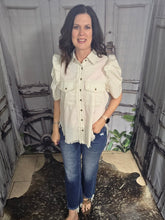 Load image into Gallery viewer, Button Up Top With Ruffled Sleeve-Oatmeal - Jeans Jewels and Jesus Boutique
