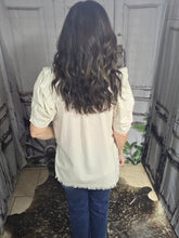 Load image into Gallery viewer, Button Up Top With Ruffled Sleeve-Oatmeal - Jeans Jewels and Jesus Boutique
