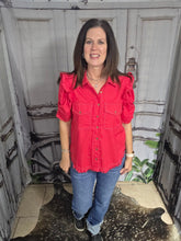 Load image into Gallery viewer, Button Up Top With Ruffled Sleeve-Red - Jeans Jewels and Jesus Boutique
