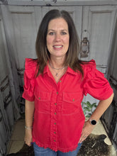 Load image into Gallery viewer, Button Up Top With Ruffled Sleeve-Red - Jeans Jewels and Jesus Boutique

